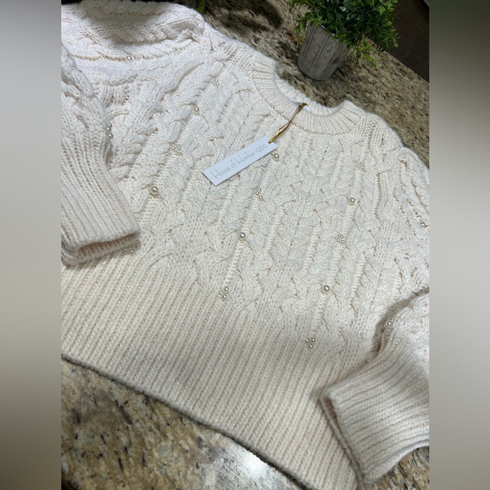 House of Harlow 1960 Wool Blend Ivory Cable Knit Pearl Embellished Sweater Large